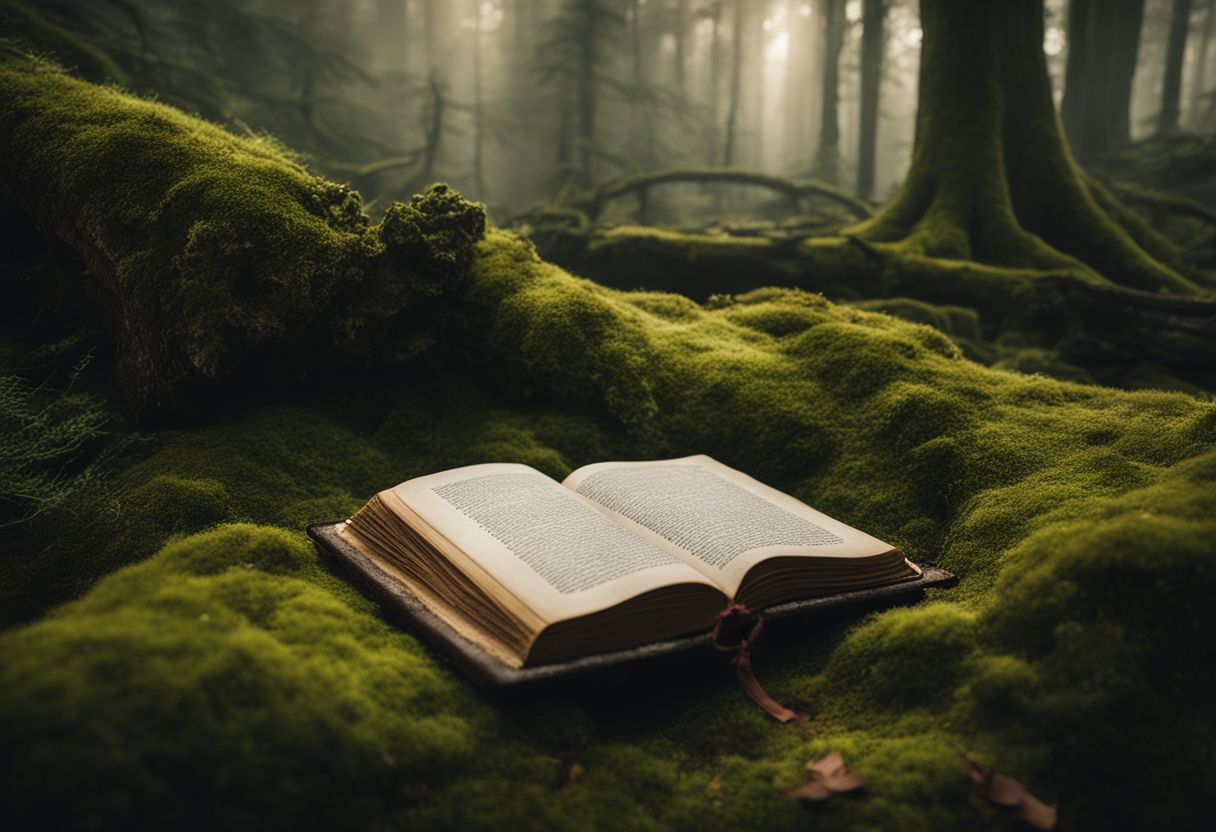 Een mystiek bos met een eeuwenoud boek op een met mos bedekte steen. Een mystiek bos met een eeuwenoud boek op een met mos bedekte steen.